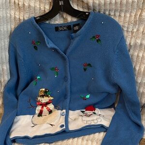 Crystal-Kobe Blue Holiday Cardigan with Snowman